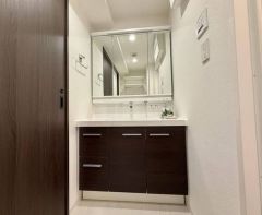 三面鏡の裏側に収納を備えた、機能美あふれる洗面台です。ボウル周りもフラットでお手入れがしやすく、清潔な状態をキープできます。下部の収納スペースも充実しており、洗剤のストックなども隠して収納可能です